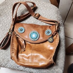 Elegant Tan Leather Crossbody Bag with Beaded Design